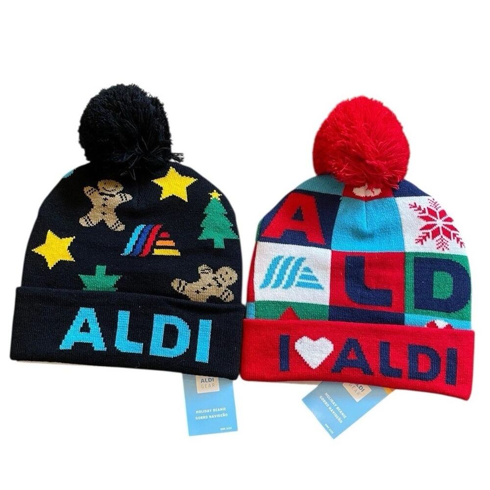 ALDI Gear Christmas Holiday 2024 Beanie Hat LOT of 2 Black Red Logo‎ Knit NEW
